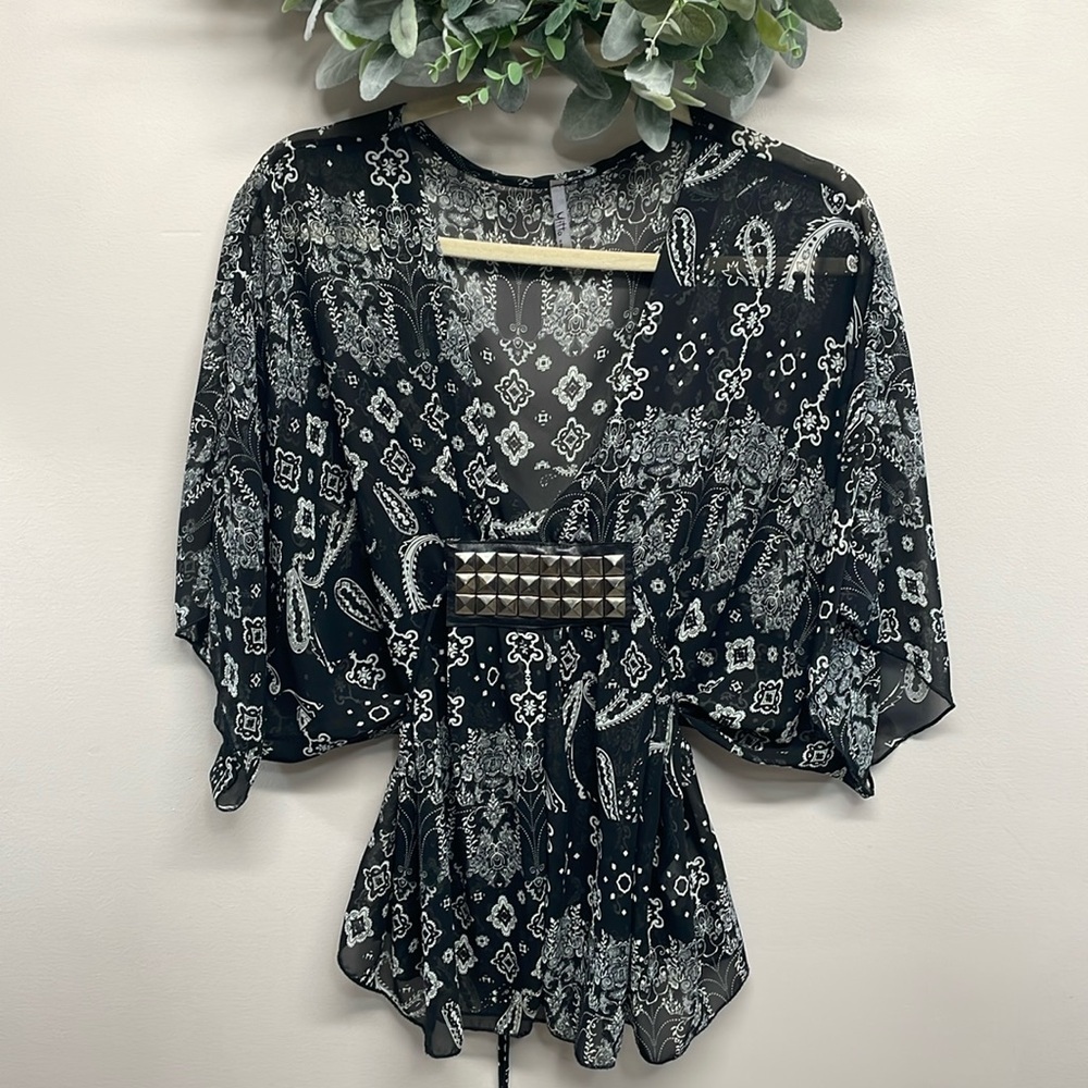 Mitto To The World Print Sheer Chiffon Plunging V-Neck Blouse Faux Leather S